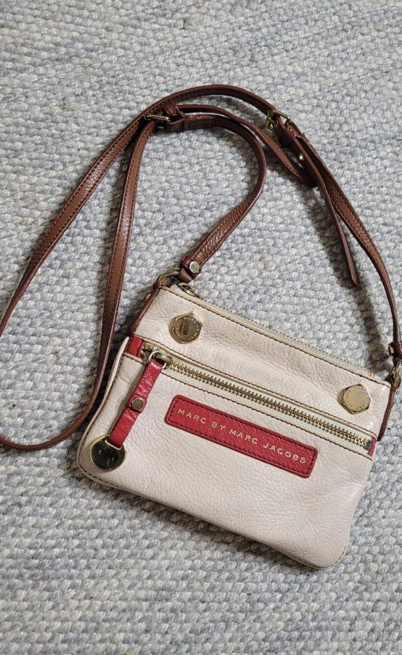 Marc By Marc Jacobs Crossbody Bag Cream Red Logo Leather Rare